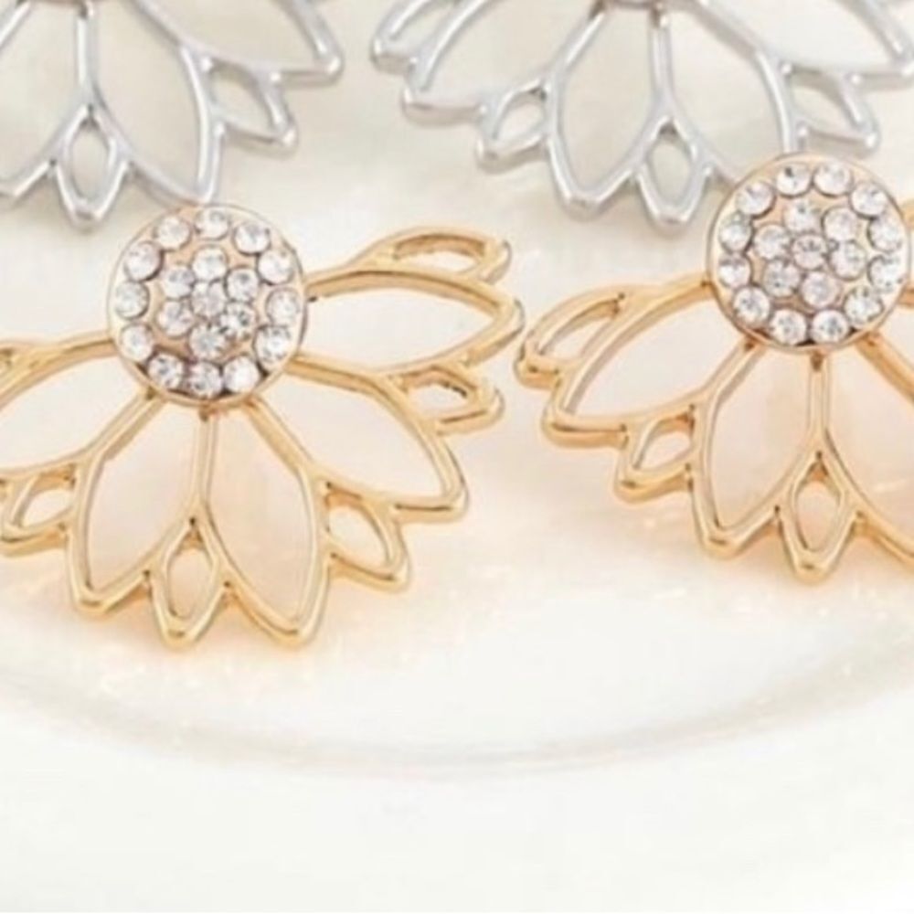 Gold lotus crystal flower stud earrings, cute floral earrrings